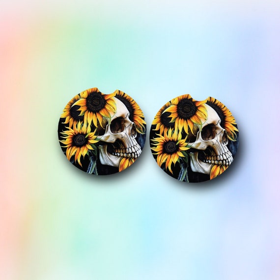 Gothic Skull Car Coasters - Sunflowers - Twisted Macabre Biker Flowers Decor -Coffee Table Neoprene Drink Coasters- Floral Gift for Her