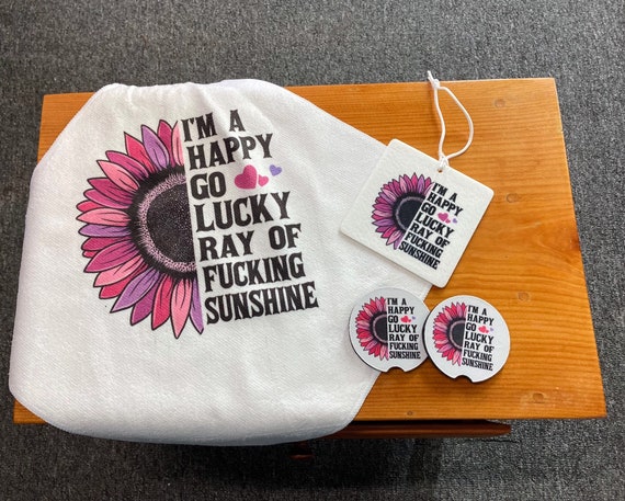 Naughty Sunflower Car Accessories - Sassy Adult Coasters, Soft towel, Air Freshener - Ray of Sunshine Purple Birthday Gag Gift for Her
