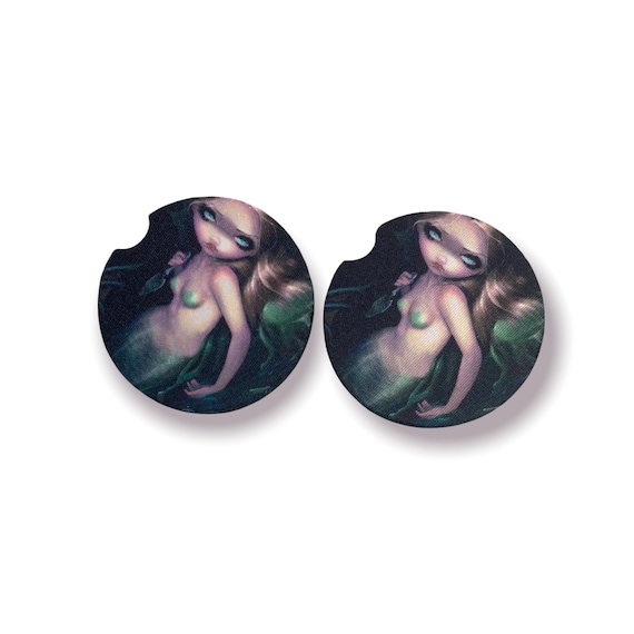 Mermaid car coasters - Absinthe Gothic Fantasy Drink Bar ware - Whimsical Birthday Gift for Women - Nautical Car decor -Cryptid Party Favors