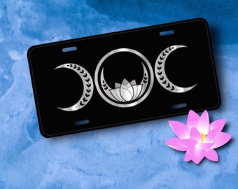 Moon Phase License Plate - Silver Lotus Flower - Wiccan Pagan Nature Yoga, Zen - Feminine gift for her - Bike, ATV, Golf Cart, Name Plate