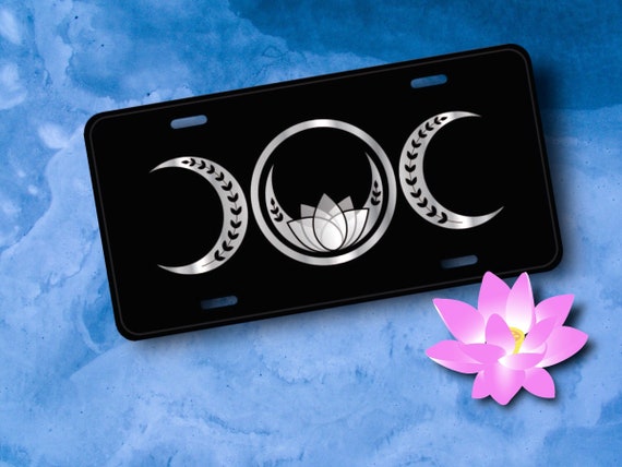 Moon Phase License Plate - Silver Lotus Flower - Wiccan Pagan Nature Yoga, Zen - Feminine gift for her - Bike, ATV, Golf Cart, Name Plate