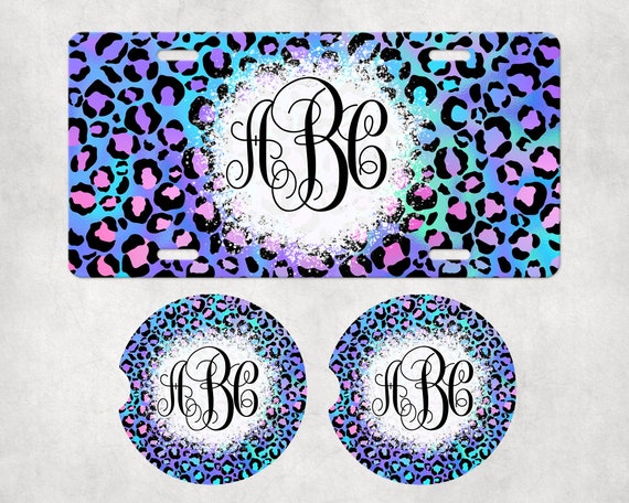Monogram Car Accessories - Pastel Leopard Print Coasters, license plate, air freshener - Cheetah Spots - Cute Birthday Gift for Friend