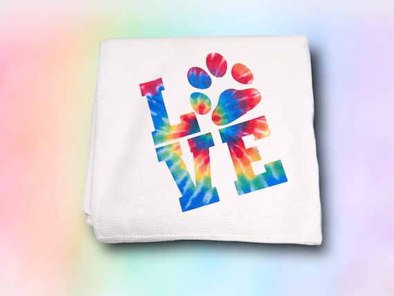 Cute Tie Dye Towel - LOVE Pet Paw Computer Cloth - Soft Microfiber -Dog, Cat - Bar rag, Glass Cleaner - Benefits Pet Rescue! Fundraiser Idea