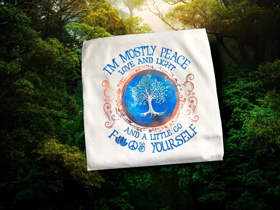 Naughty Offensive Tree of Life Microfiber Towel - Sassy Computer Cloth - Kitchen, Bar -Gag gift for Her - Peace Love Light, Go Fuck Yourself