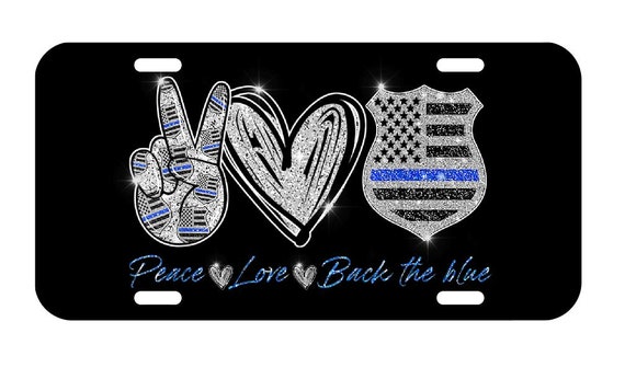 Back the Blue License Plate, Car Coasters Gift Set for Law Enforcement - Police Officers, Cops - Peace Love