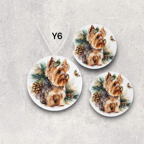 Winter Yorkshire Terrier Dog Car Accessories - Yorkie Coasters, Air Freshener - Pet Lover, Walker, Groomer Birthday Gift -Christmas