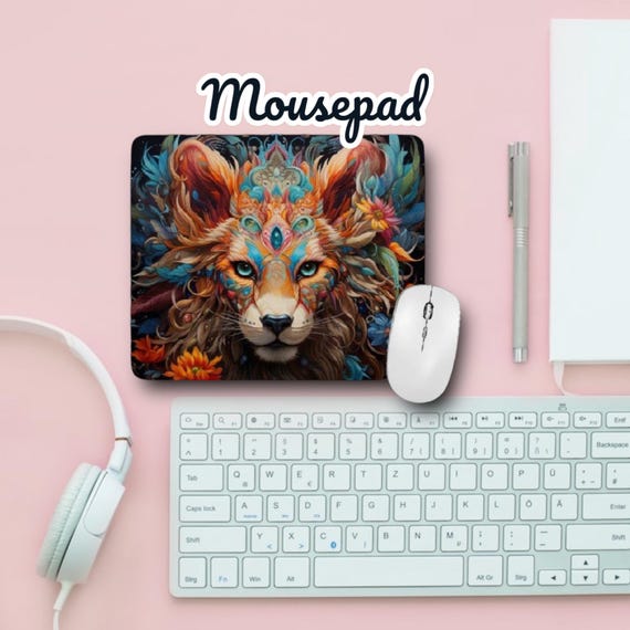 Lion Mouse pad - Psychedelic Fantasy Artwork - Computer Desk Accessories - Teen Birthday Gift - Forest Jungle Animals - Big Cats - Wild Life