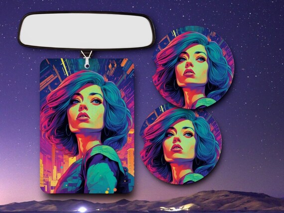 Janette Sci Fi Pop Art Car Accessories - Futuristic Comic Book style Artwork - Science Fiction Cosplay Girl - Birthday Gift for Her