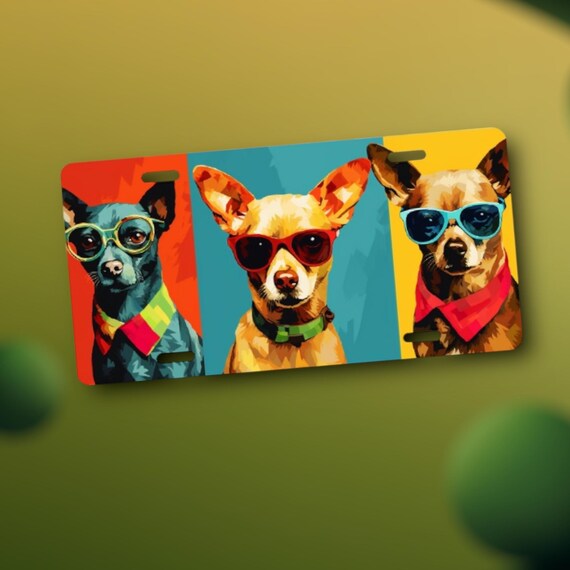 Chihuahua Dogs Pop Art License Plate - vibrant watercolor artwork - sublimated aluminum - Gift for Pet Sitter, Dog Walker, Dog Mom or Daddy
