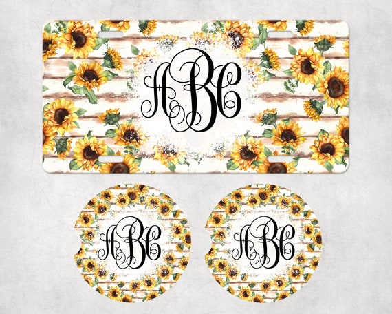 Sunflowers Monogrammed License Plate - BOHO Distressed Retro 70s Floral Home Decor - Personalized Gift for Her - Car Accessories
