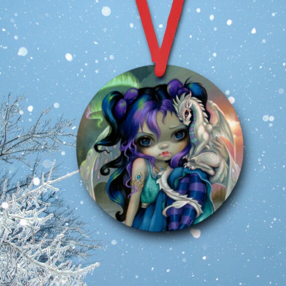Frost Dragon Ornament -Gothic Fairy with baby Dragonling - Northern Lights - Christmas Gift Tag, Party Favors for Teen - Personalized custom