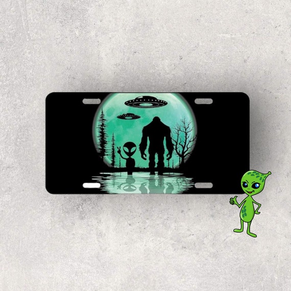 Bigfoot Alien UFO License Plate - Custom Cryptid Car Tag - Personalized Sasquatch sign - ATV, Motorcycle, Bicycle Tag - Mini Name Plate