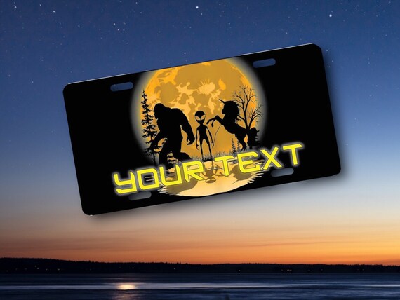 Bigfoot Alien License Plate - Sasquatch w Unicorn ATV, Bike Plate, Golf Cart - Personalized Metal Bar Wall sign - Custom Gift - Your Text