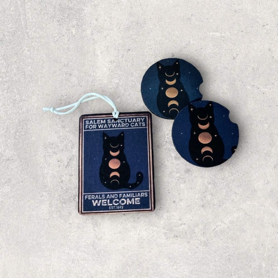 Black Cat Car Decor - Salem Sanctuary Coasters, Air Freshener - Witch Familiar - Gothic Halloween Party Favors - Helps Feral Cats Pet Rescue