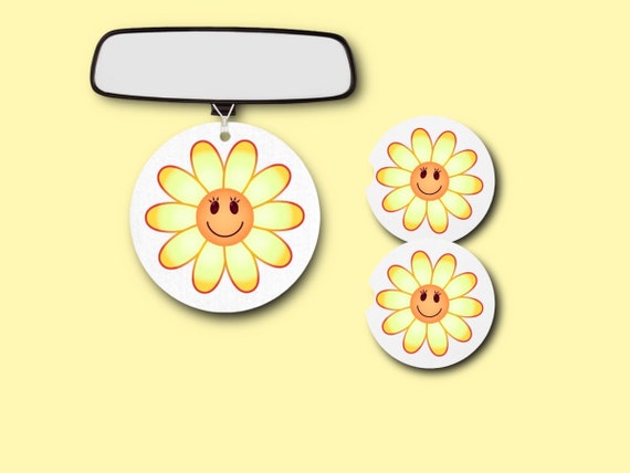 Yellow Flower Power car accessories gift set - Retro Daisy Smiley Face Emoji - Vintage Hippie Sunflower - Whimsical Floral Decor for Her