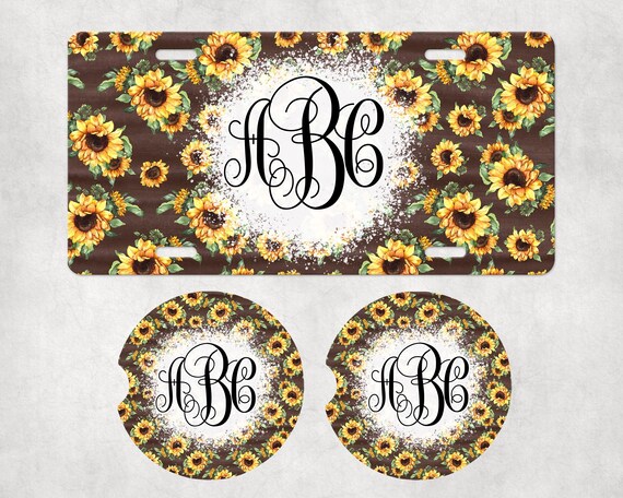 Personalized Car Accessories - Monogrammed Sunflower Coasters, License Plate, Air Freshener - Cute Summer custom gift for her