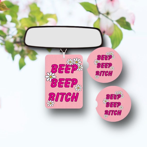 Beep Bitch Car Accessories - Coasters, Air Freshener set of 3 - Funky Retro Hippie - gift for Her - White Daisies - Cheeky Girl Flower Power