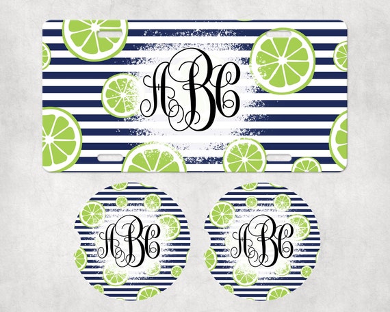 Personalized Car Tag - Custom Citrus Monogrammed Accessories - Lime slices - Birthday Gift for Her - Summer Picnic Beach Party Favor Decor