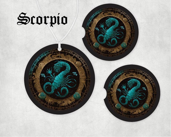 Scorpio Zodiac Birthday sign car Accessories Gift Set - Drink Coasters, Air Freshener - Scorpion Celestial, Constellation - Water Element