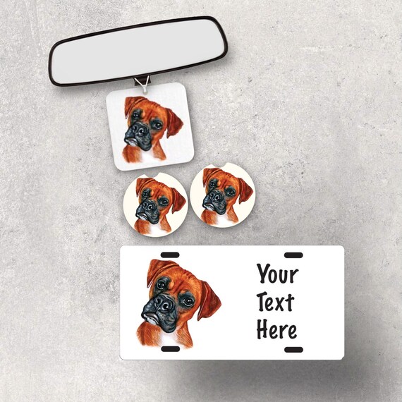 Boxer Dog Car Accessories - Puppy Coasters, Personalized License Plate - Gift for Pet Walker, Groomer - Dad Gift for Him, Mom Gift for Her