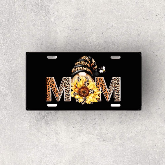 MOM License Plate - Gnome with Sunflower Car Tag, Bike Plate - Cheetah print - Fall Birthday gift for Her - Metal Wall Home Decor - Mini