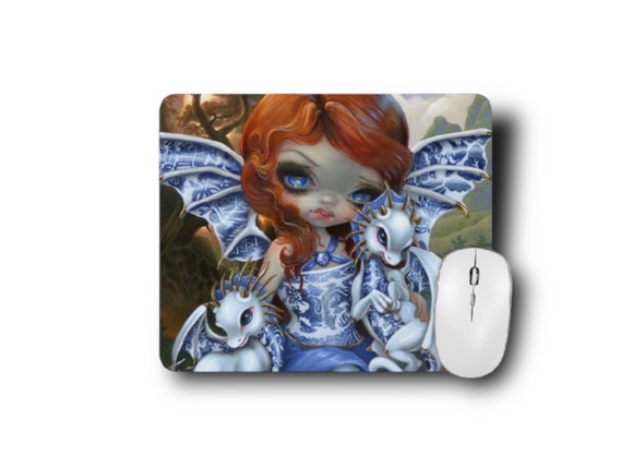Fairy Dragon Mouse Pad - Blue Willow Dragonling - Teen Goth Birthday gift for Her - Gothic Fantasy DND art - Strangeling - Back to School