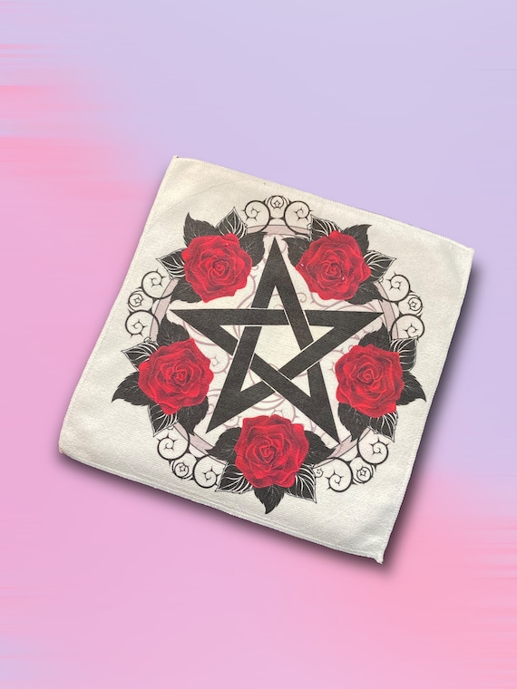 Red Roses Towel - Pretty Gothic Victorian - Kitchen, Bar Rag - Computer Screen Glass Cleaning Cloth - Protection Pentagram - Wiccan, Pagan