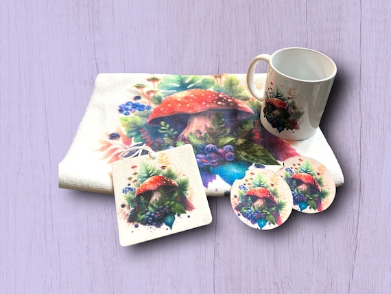 Mushroom Car Accessories, Desk Decor -Cottage Woodland Kitchen -Bar Rag, Coasters -Nature Boho Gift Sets - Laptop Screen Glass Cleaner Cloth