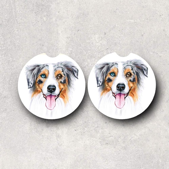Blue Merle Car Coasters - Aussie Puppy - Australian Shepherd Dog Lover Gifts - Dog Daddy, Dog Mom, Pet Sitter, Dog Walker, Groomer Thank You