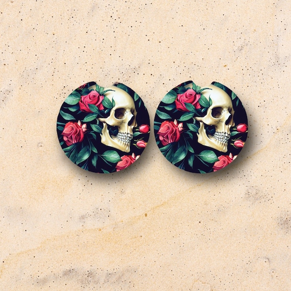 Gothic Floral Car Coasters - Macabre flowers - Biker gift for Her - dark Goth Chick Skull with Roses - Romantic Valentine bar drink coasters