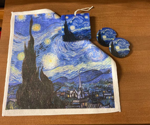 Van Gogh Starry Night Car Accessories - Neoprene Drink Coasters, Air Freshener, Soft Microfiber Towel - Birthday Party Favors - Famous Art