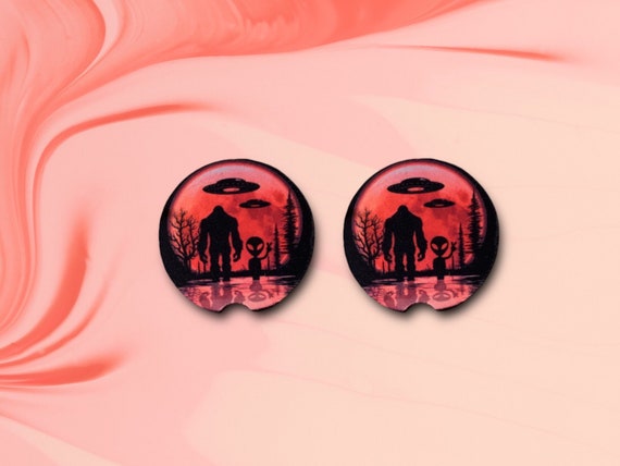 Bigfoot UFO Car Coasters - Sasquatch Cryptid Hunter - Funny Dad gift for Him - Father’s Day - Alien Drink Bar ware Decor