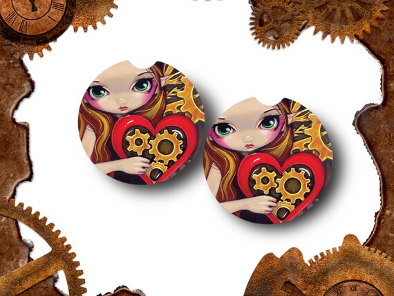 Clockwork Valentine Steampunk Heart Car Coasters - Gothic Fantasy art - Anime Fairy Gift set - Jasmine Becket-Griffith - Teen Girl Gift