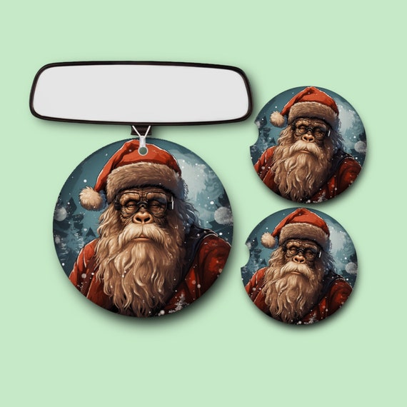 Christmas Sasquatch 19- Bigfoot Car Accessories Gift Set - Santa Claus Yeti -Drink Coasters, Air Freshener - Mythical Beasts- Cryptid Hunter