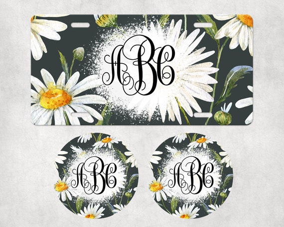 Monogram Car Accessories - White Daisy Coasters, License Plate, Air Freshener - Mom, Grandma gift for Mother’s Day, Summer, Easter for Her