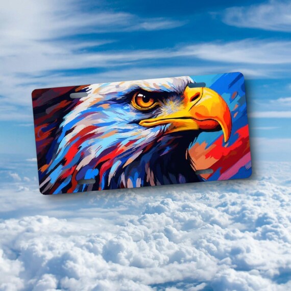 Bald Eagle License Plate -vibrant watercolor Pop Art -Aluminum Sublimated Car Tag -Majestic Bird Wildlife Artwork - Wheelchair, Stroller Tag
