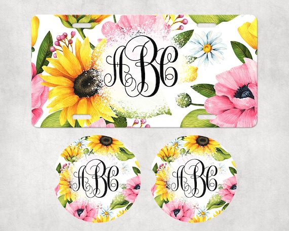 Personalized Car set - Floral Monogram Spring Flowers - Custom Coasters, license plate, air freshener -Summer Sunflowers - cute Mom gift