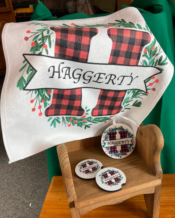 Christmas Monogram Car accessories -Red Buffalo Plaid -Personalized Gift set with Family Name - Drink Coasters, Air Freshener - Reunion