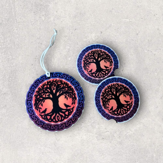 Tree of Life Car Accessories - Celtic Knot Coasters, Air Freshener - Wiccan Gothic Halloween Decor - Computer Cloth