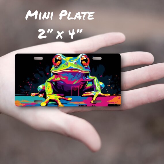 Frog Mini License Plate - Neon Pop Art - Kids Room Nursery Decor - Small Metal Wall Sign - Scooter Tag, Bike Name Plate, Tricycle Plate