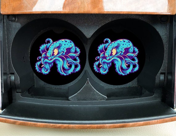 Octopus Car Coasters - Kraken set of 2 - Blue Ringed Creatures of the Deep Sea - Ocean Animals Drink Coasters - Man Cave Decor