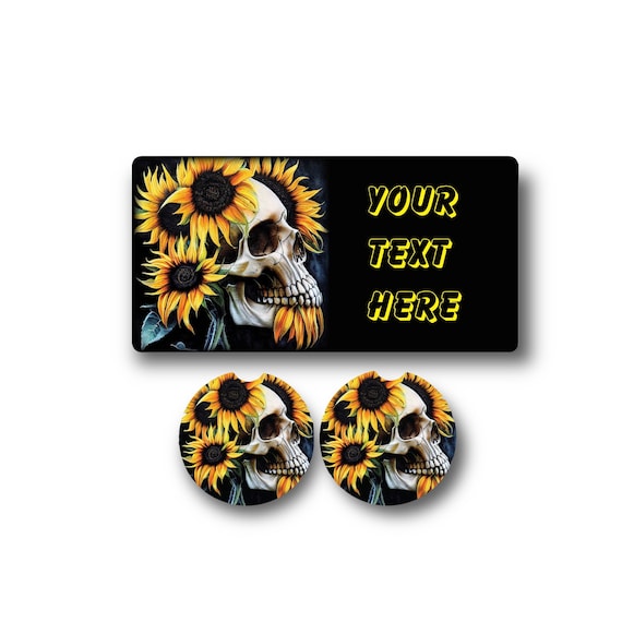 Gothic Skull w Sunflowers License Plate - Personalized - Car Coasters - Monogrammed Biker Gift - Fathers Day Gift for Dad - Day of the Dead
