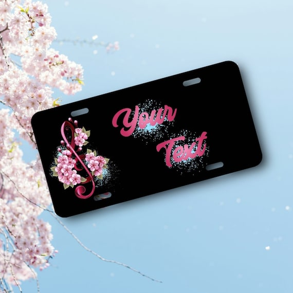 Treble Clef License Plate - Personalized Music Teacher gift - Custom Musical Car Tag - Pink Cherry Blossom Flowers - Gift for Musician