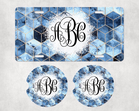 Classy Blue, Gold Monogram Car Accessories - Unique Personalized Fathers Day gift for Dad - Man Cave decor - Bar Drink Coasters