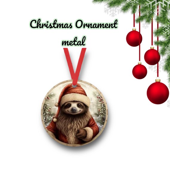 Santa Sloth 4 Christmas Ornament - cute zoo animals - metal holiday Gift Tag - Party Favors - whimsical Winter Kids room decor