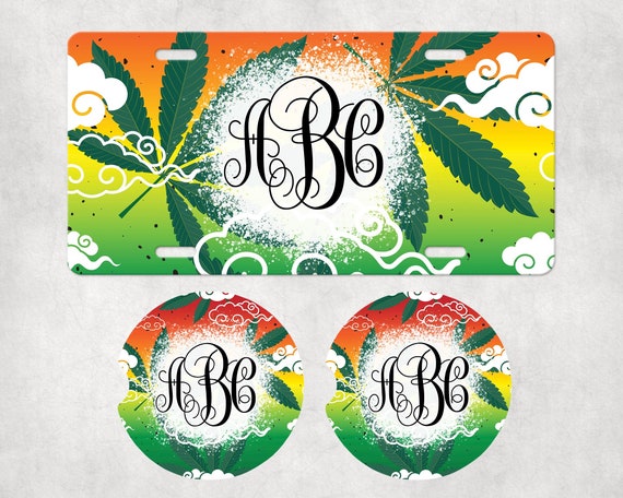 Trippy Pot Leaves Monogram Car Accessories - Marijuana License Plate, Coasters, Air Freshener