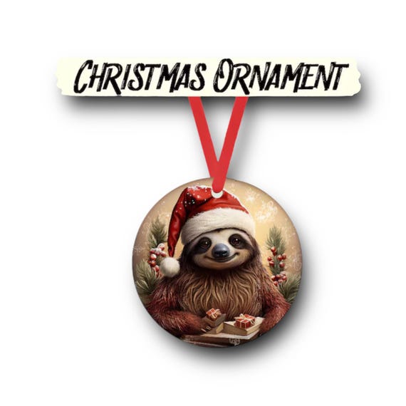 Santa Sloth 2 Christmas Ornament - cute zoo animals - metal holiday Gift Tag - Party Favors - Kids room decor