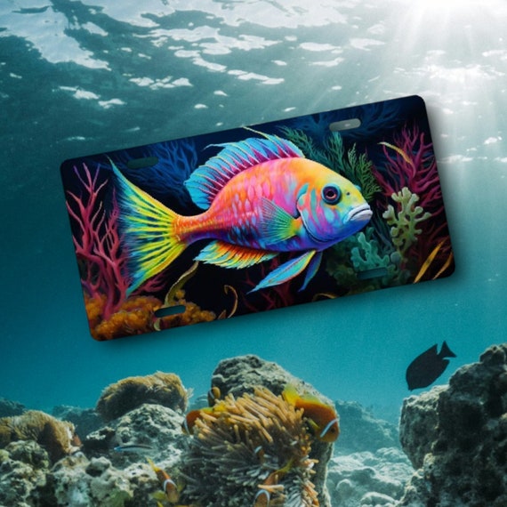 Neon Fish License Plate - Tropical Pop Art - Ocean Nautical Decor - Saltwater Car Tag - Angelfish - Beach House Home Decor - Gift for Him