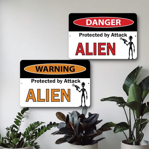Warning Protected by attack alien - metal wall sign - Indoor Outdoor patio Bar - Birthday Gift - Danger - outer space
