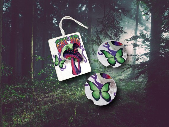 Eat Me Mushrooms Alice in Wonderland Car accessories - Butterfly Coasters, Air Freshener, Towel, Keychain - Retro Hippie Bundle